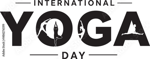 International Yoga Day background with vector silhouettes of women meditating and practicing yoga poses. Suitable for banner, poster, templates etc