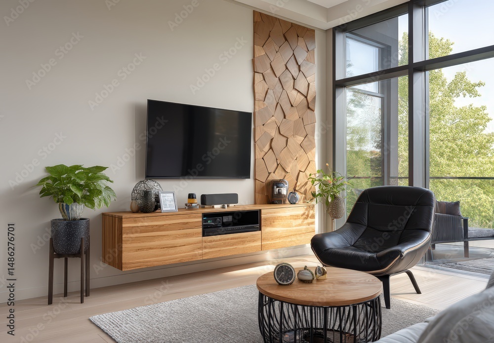 Fototapeta premium Modern living room with sleek decor and natural light.