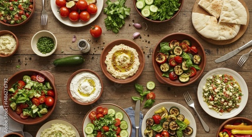 A beautiful overhead shot of a colorful spread of mediterranean dishes on a wooden table.
