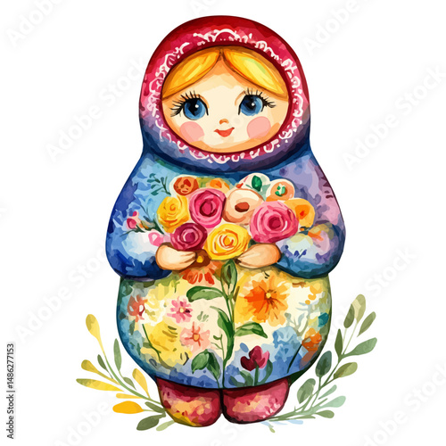 watercolor vector of Russian Matryoshka Painting Palette, high quality, isolated on a white background.
