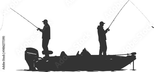 A vector silhouette of two men fishing on a bass boat.
