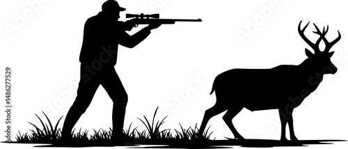 Vector silhouettes of an adult male hunting big game. He's holding a rifle and could be hunting deer, elk, bear, moose, coyote, cougar etc.
