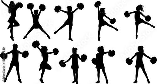 Vector silhouettes of young girls cheerleaders.
