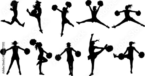 Vector silhouettes of young girls cheerleaders.
