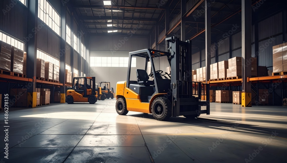 High Bay Warehouse with Forklifts Casting Dramatic Shadows High Bay Warehouse with Forklifts Casting Dramatic Shadows