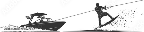 A wakeboard boat pulling a wakeboarder doing a trick.
