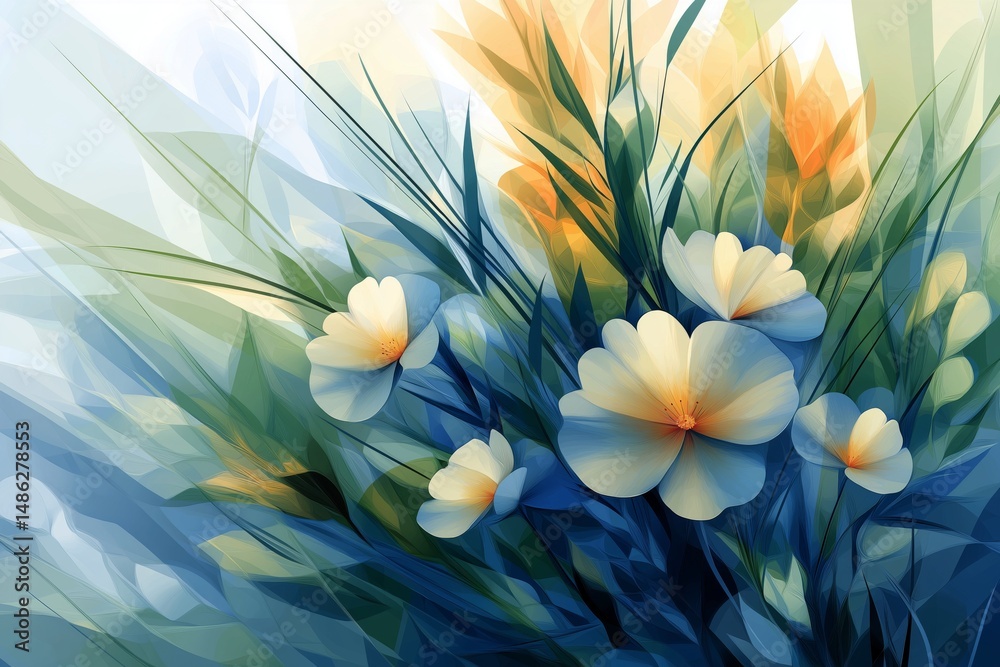 Obraz premium Stylized closeup illustration of plants and flowers in mid-summer, in blue, green, white and red-orange