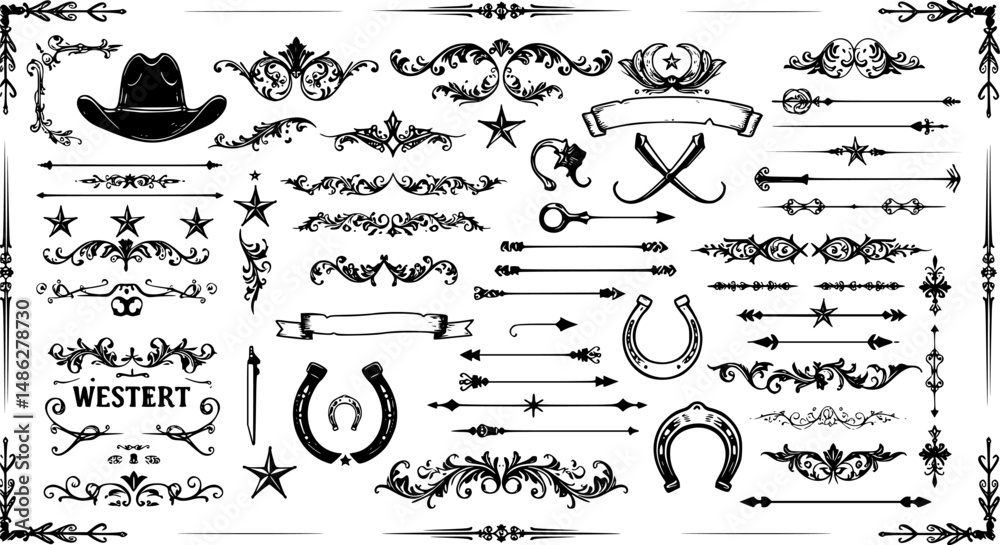 A large collection of old western design elements, embellishment, borders and divider lines.
