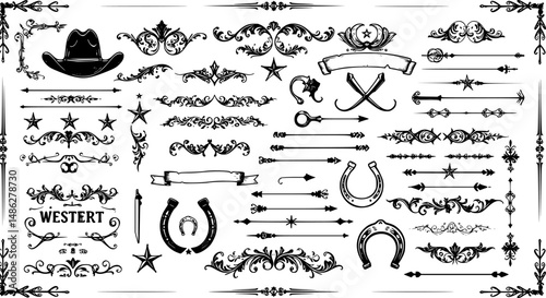 A large collection of old western design elements, embellishment, borders and divider lines.
