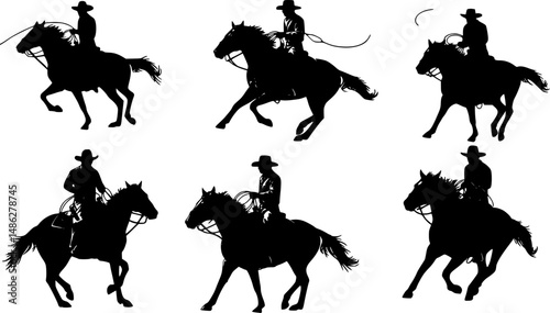 A vector silhouette 5 cowboys riding horses. Two of the ranch cowboys are holding lariats / ropes.
