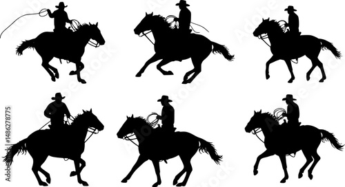A vector silhouette 5 cowboys riding horses. Two of the ranch cowboys are holding lariats / ropes.
