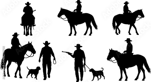 A vector silhouette 5 cowboys riding horses. Two of the ranch cowboys are holding lariats / ropes.
