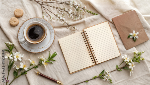 Cup of coffee, notebook, cookies and spring flowers on bed