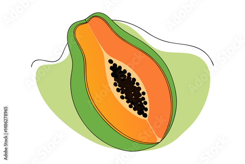 Whole and sliced papaya in line drawing