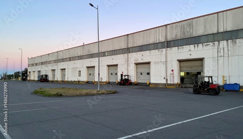 Wallpaper Mural Weathered Warehouse at Dusk with Forklifts and Empty Parking Area Torontodigital.ca