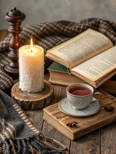 Cup of tea, book and candle on a wooden table.