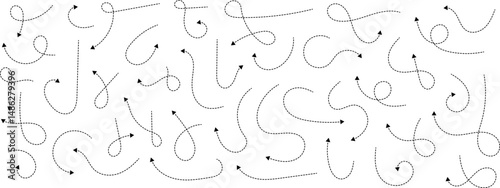 Hand drawn dotted arrows. Hand drawn freehand different curved lines, swirls arrows. Curved arrow line. Doodle, sketch style. Isolated Vector illustration.