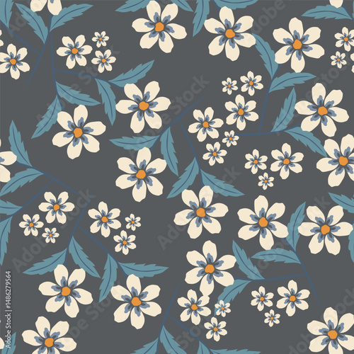 Trendy floral seamless pattern. Simple red and beige daisy. Spring flower template for packaging, postcards, textile printing, wallpaper. Hand drawn illustration isolated on white background