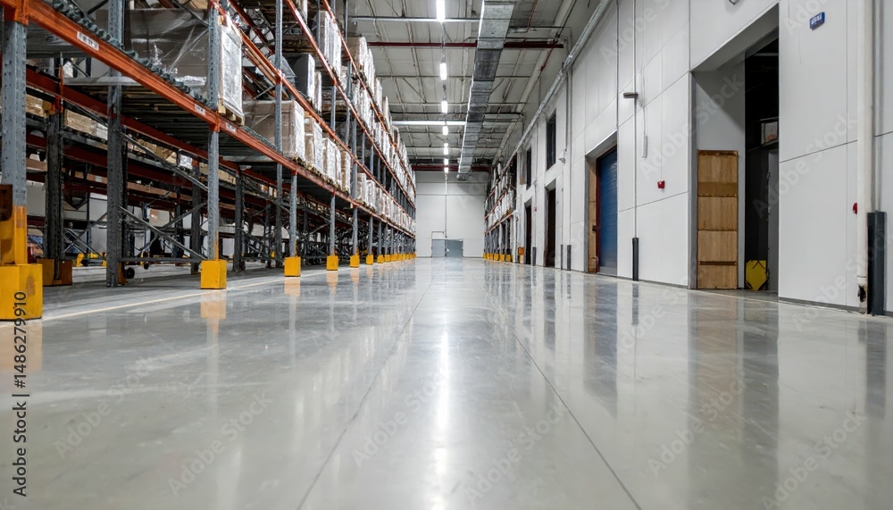 Obraz premium Spacious Refrigerated Warehouse with Shelving Units and Reflective Floor