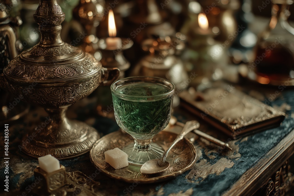 Fototapeta premium Absinthe Ritual Scene with Fountain, Spoon, and Candlelit Green Glass