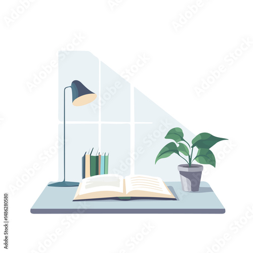 2D flat vector illustration of Textbooks On Desk, isolated on a white background.
