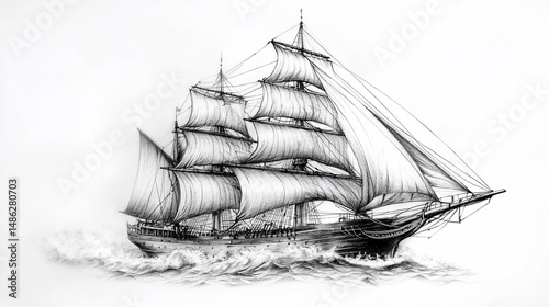 Detailed black & white sketch of a majestic sailing ship at sea, billowing sails, and crashing waves