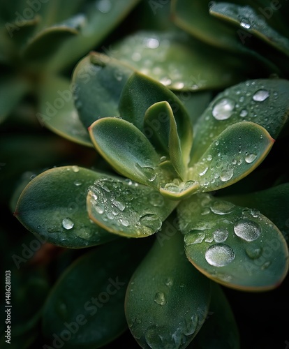 succulents, leaf texture in sharp focus, water droplets glistening on surface