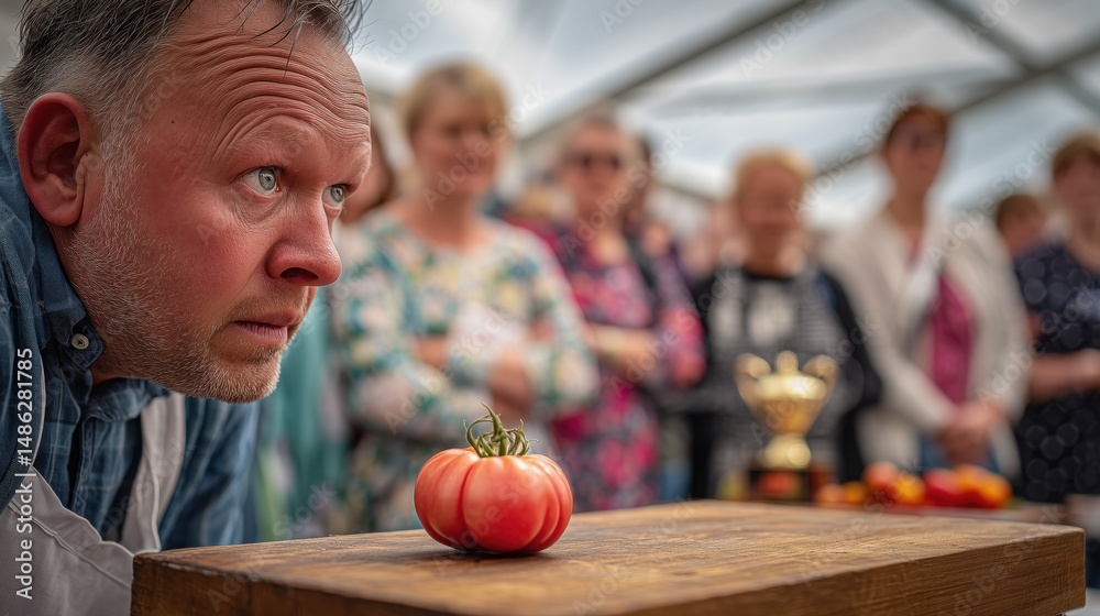 Fototapeta premium Pink Tomato Festival. Judge examining perfect specimen pink tomato on wooden display table at festival competition, serious expression, other contestants anxiously watching in background
