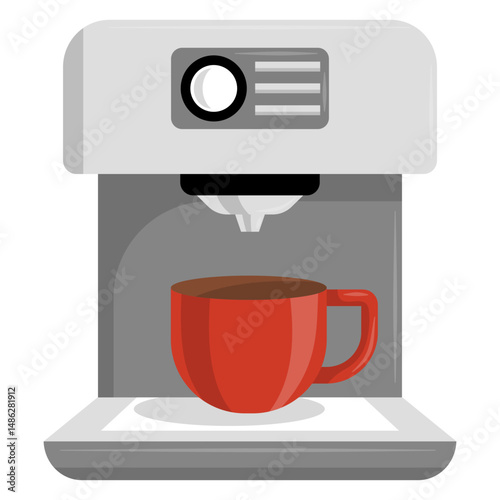 Espresso Coffee Machine with Red Cup – Flat Vector Barista Equipment

