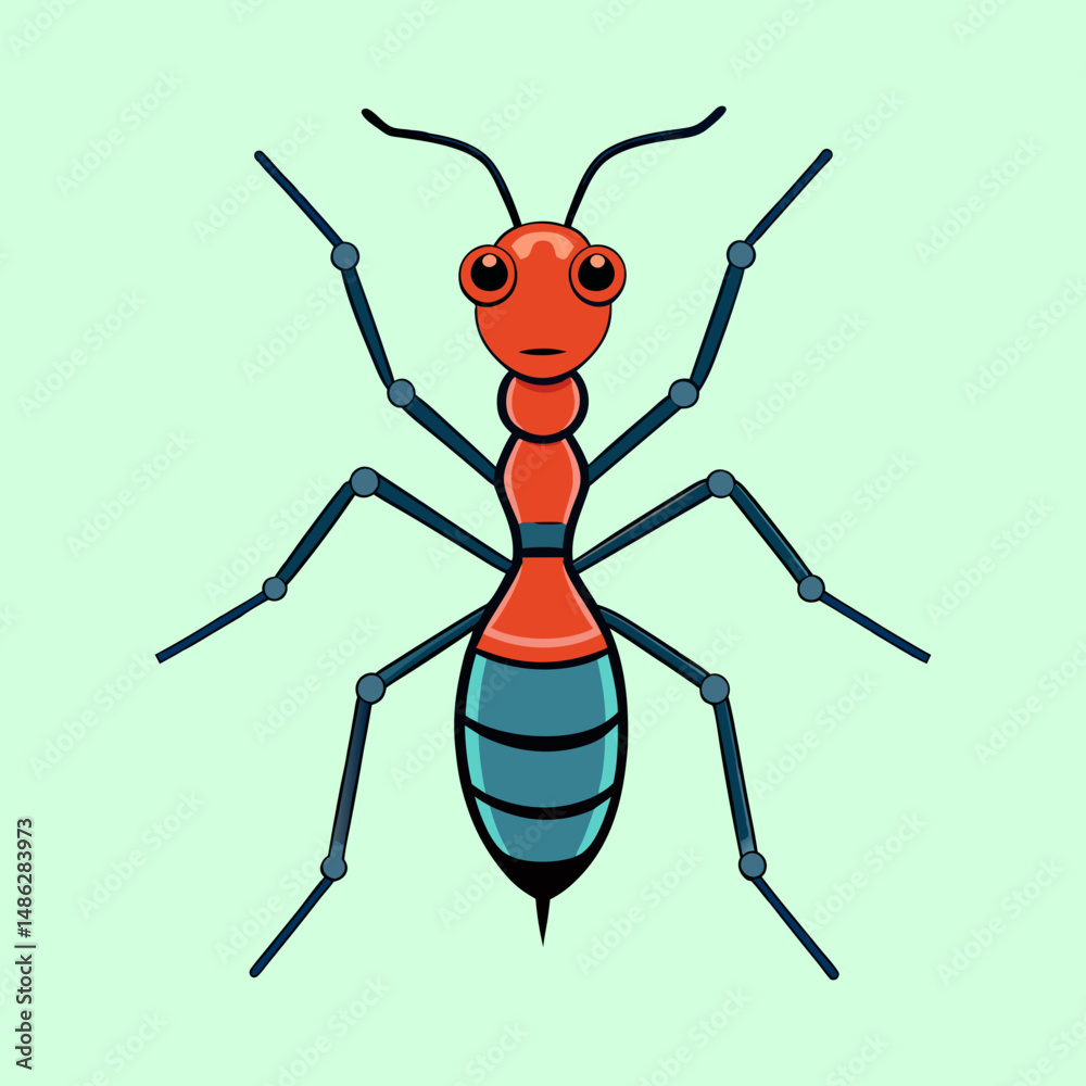 Fototapeta premium Cartoon Ant Illustration with Red Head and Blue Abdomen on Green Background