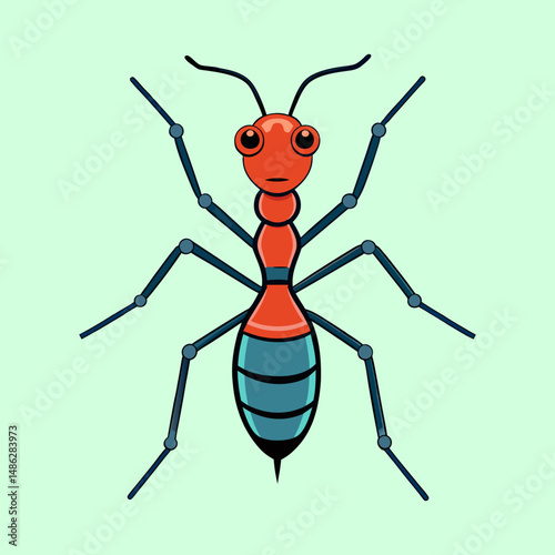 Cartoon Ant Illustration with Red Head and Blue Abdomen on Green Background