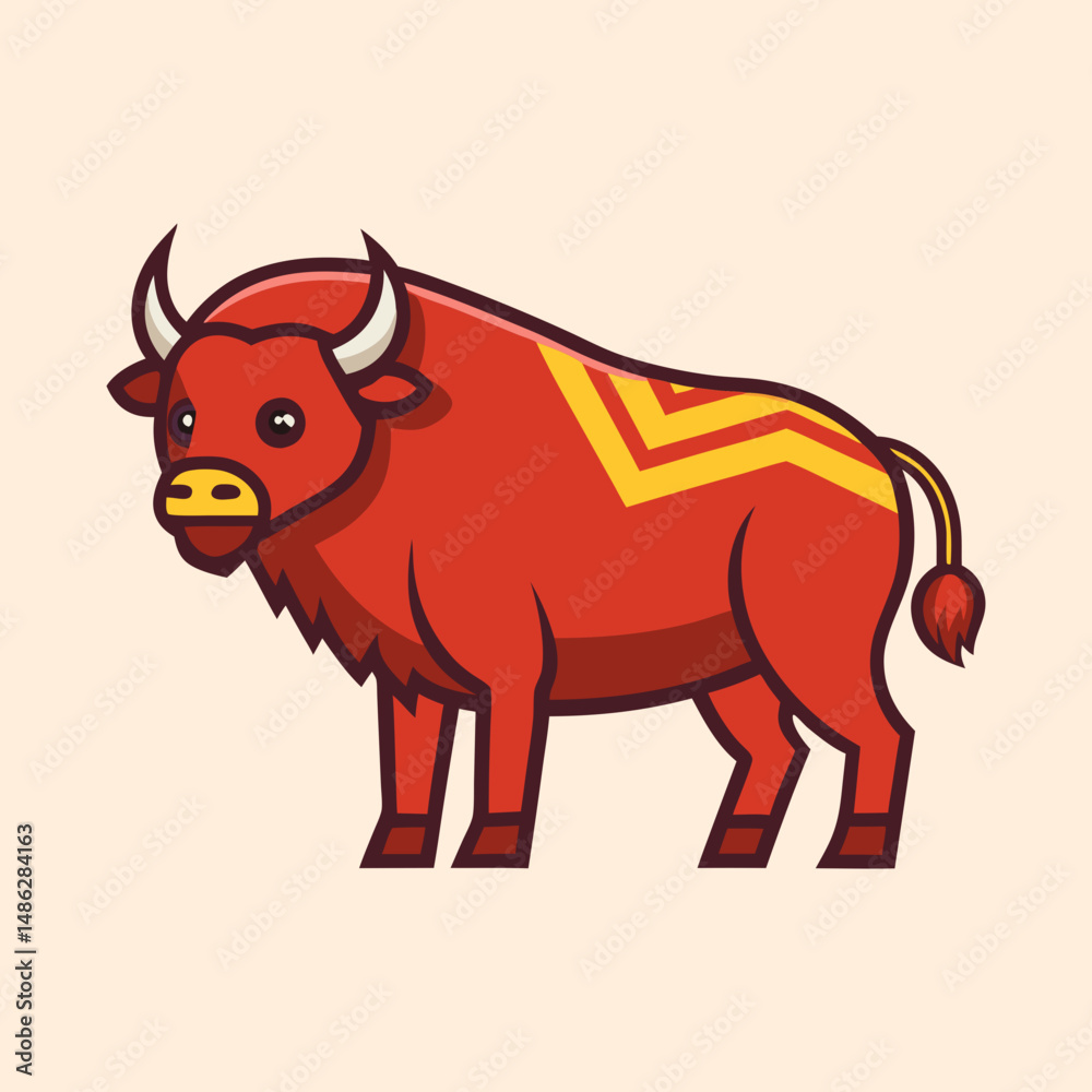 Fototapeta premium Stylized Red and Yellow Bull with Strong Lines and Retro Feel