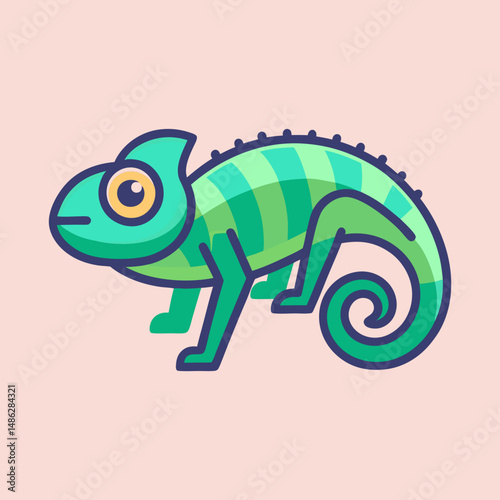 Stylized Green and Blue Chameleon Illustration on a Light Pink Background