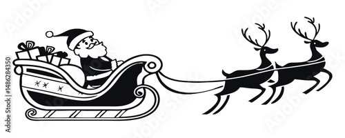 Vintage Santa Claus in Sleigh with Reindeer Silhouette – Classic Black and White Christmas Illustration for Holiday Cards and Decorations.