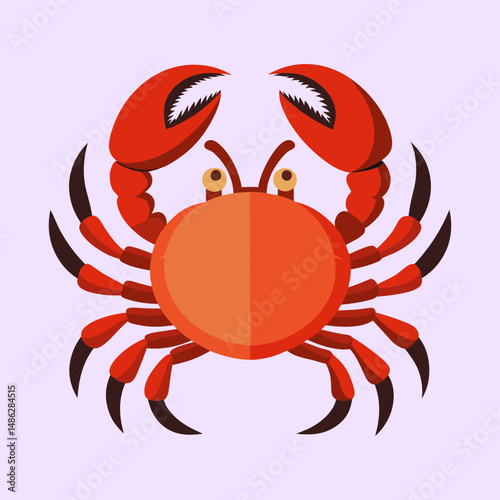 Flat Vector Illustration of a Red Crab with Claws and Legs