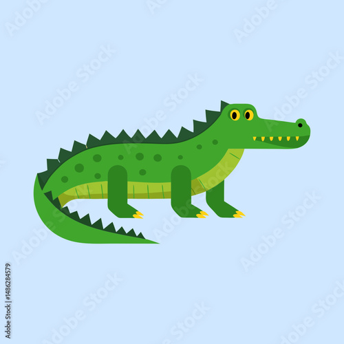 Cartoon Green Crocodile with Spikes on a Light Blue Background Illustration