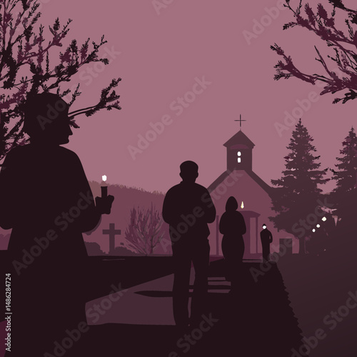 Silhouettes holding candles before Easter sunrise service, capturing a peaceful, spiritual moment in a serene early morning setting.