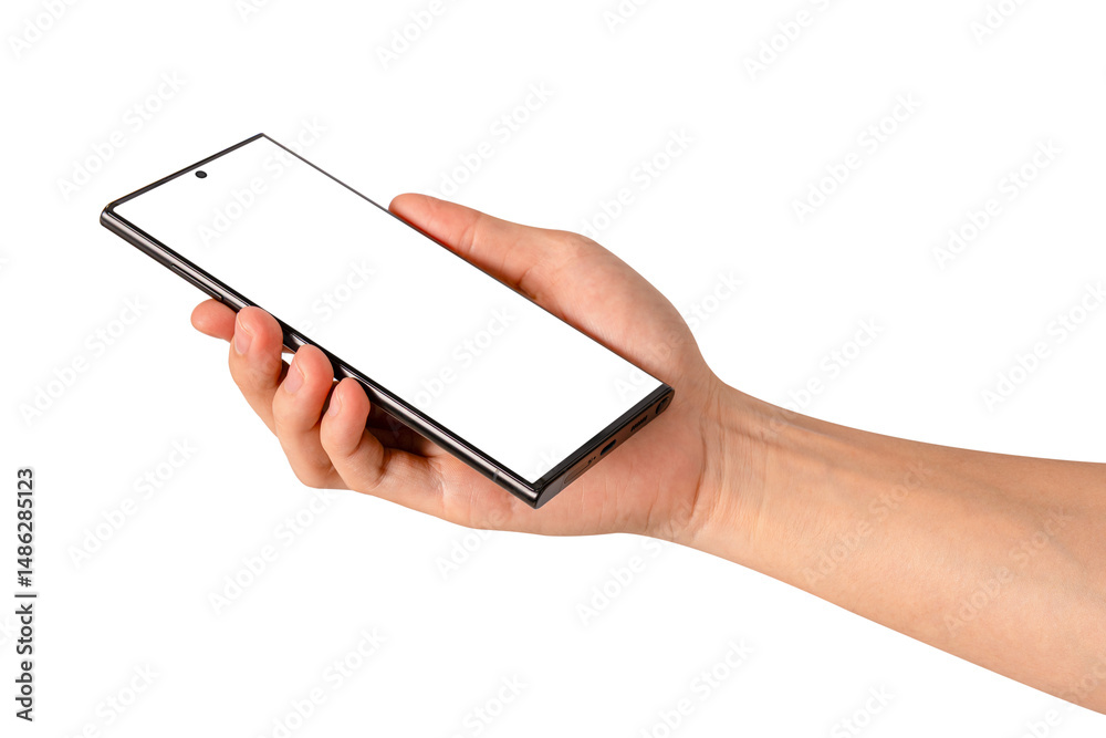 Hand holding smartphone with blank screen isolated. Premium high quality studio shot. Concept for technology, business, finance and advertising. Hand holding smartphone with blank screen isolated. Premium high quality studio shot. Concept for technology, business, finance and advertising.