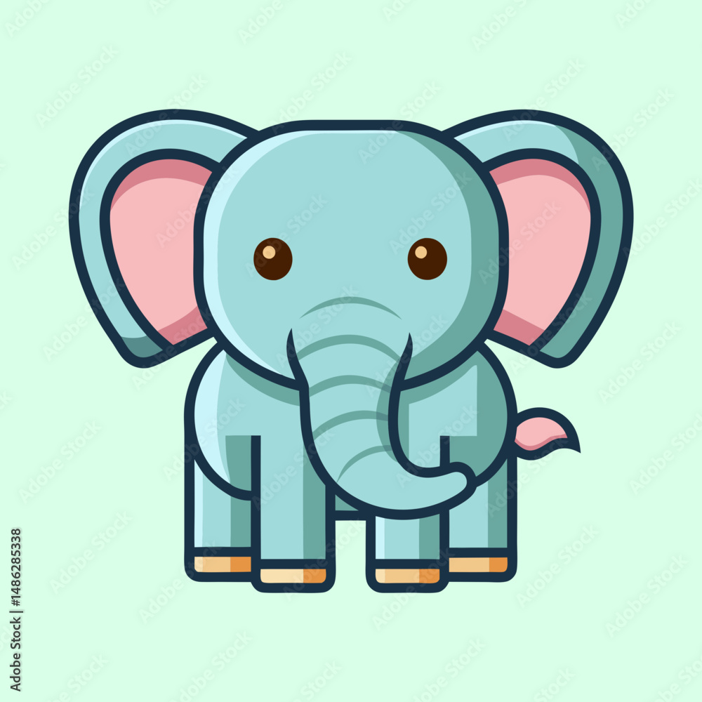 Fototapeta premium Cute cartoon baby elephant standing on a pale green background illustration