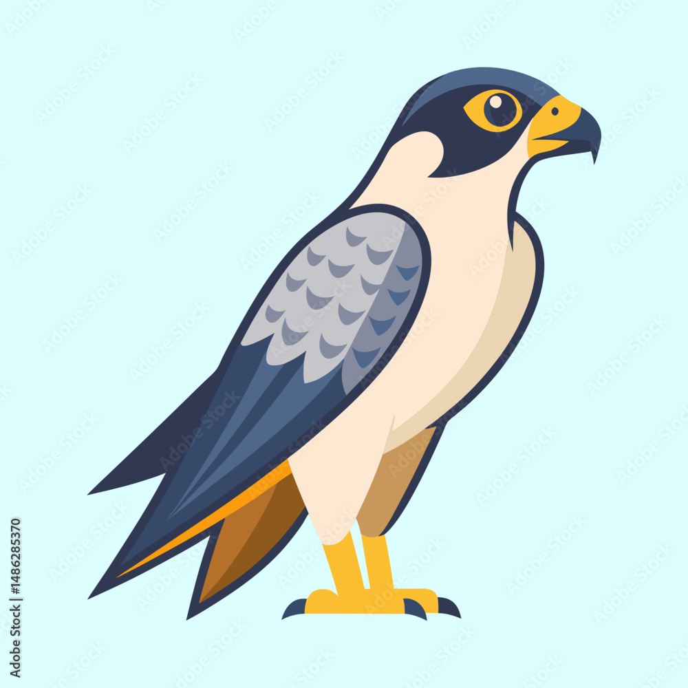 Obraz premium Stylized Cartoon Falcon Perched on Light Blue Background Showing Its Majestic Plumage