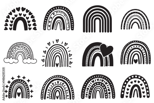 Boho Rainbow Silhouette Icons Set with Hearts for Nursery and Kids Designs