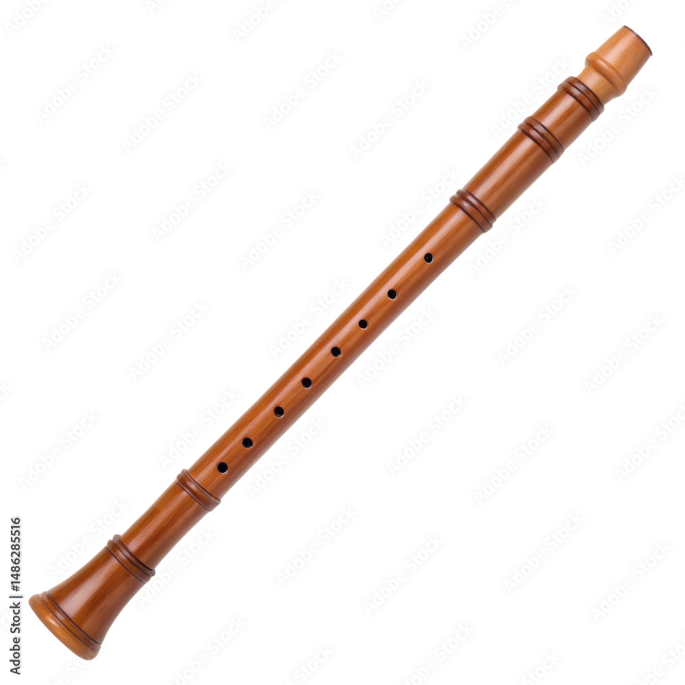 Fototapeta premium Wooden flute instrument with smooth finish and multiple finger holes, ideal for music enthusiasts