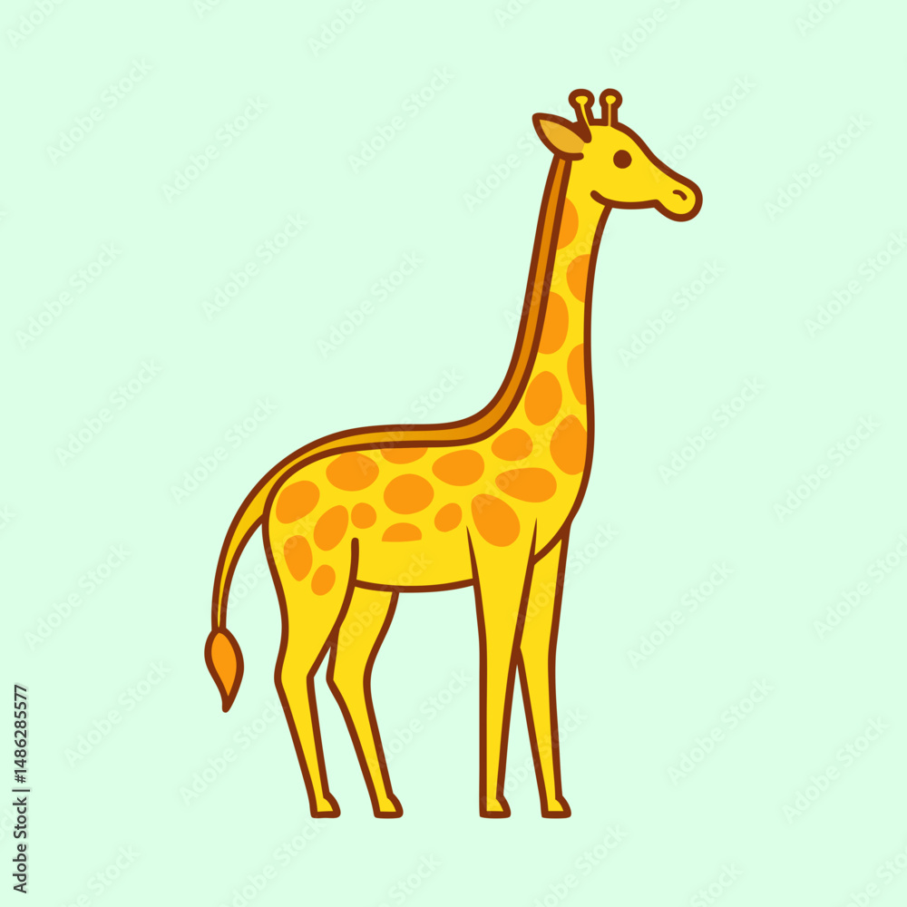 Fototapeta premium Cartoon Giraffe with Orange Spots Standing on Light Green Background Looking Right