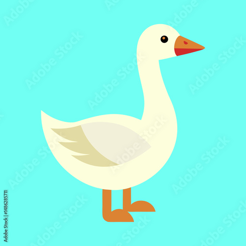 Flat cartoon goose standing on light blue background in profile view
