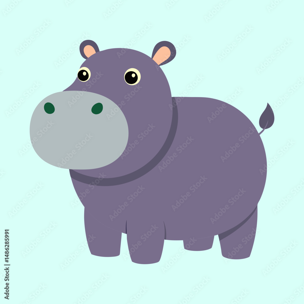 Obraz premium Adorable cartoon hippo stands in a light blue background looking innocent