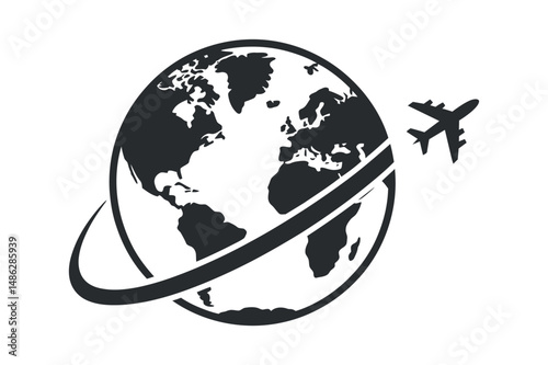 Airplane Flying Around the World Globe Icon for Travel Agency Website or App