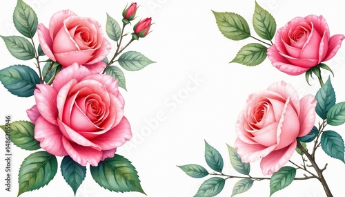 Intricate watercolor roses & leaves, soft hues, bloom, leaves