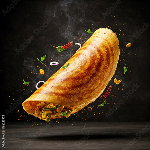 Photos Hot South Indian Masala Dosa Floating Mid-Air in a Dark Moody background