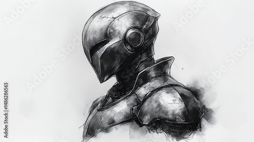 Detailed grayscale drawing of a futuristic warrior's helmet and armor