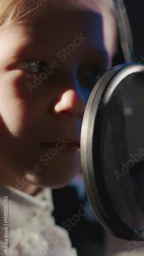 Kid touches microphone in recording studio. Inquisitive young girl in headphones inspects microphone by finger in acoustically isolated room